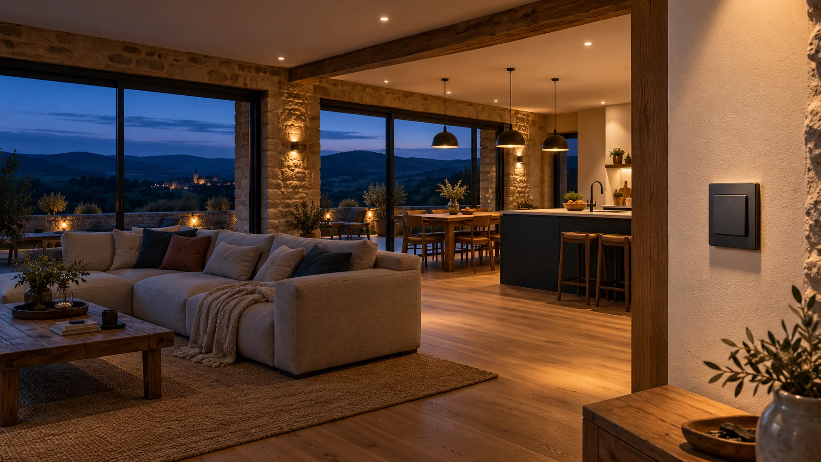 Illustration d’un intérieur avec éclairage LED et luminaires dans une maison auvergnate
