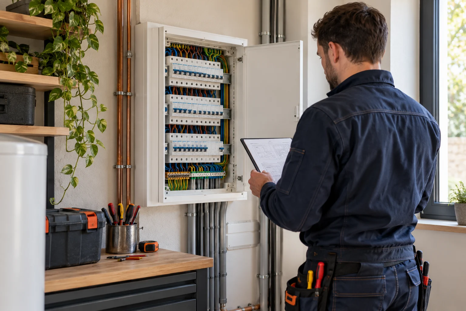 Illustration d’un électricien préparant une intervention sur un tableau électrique